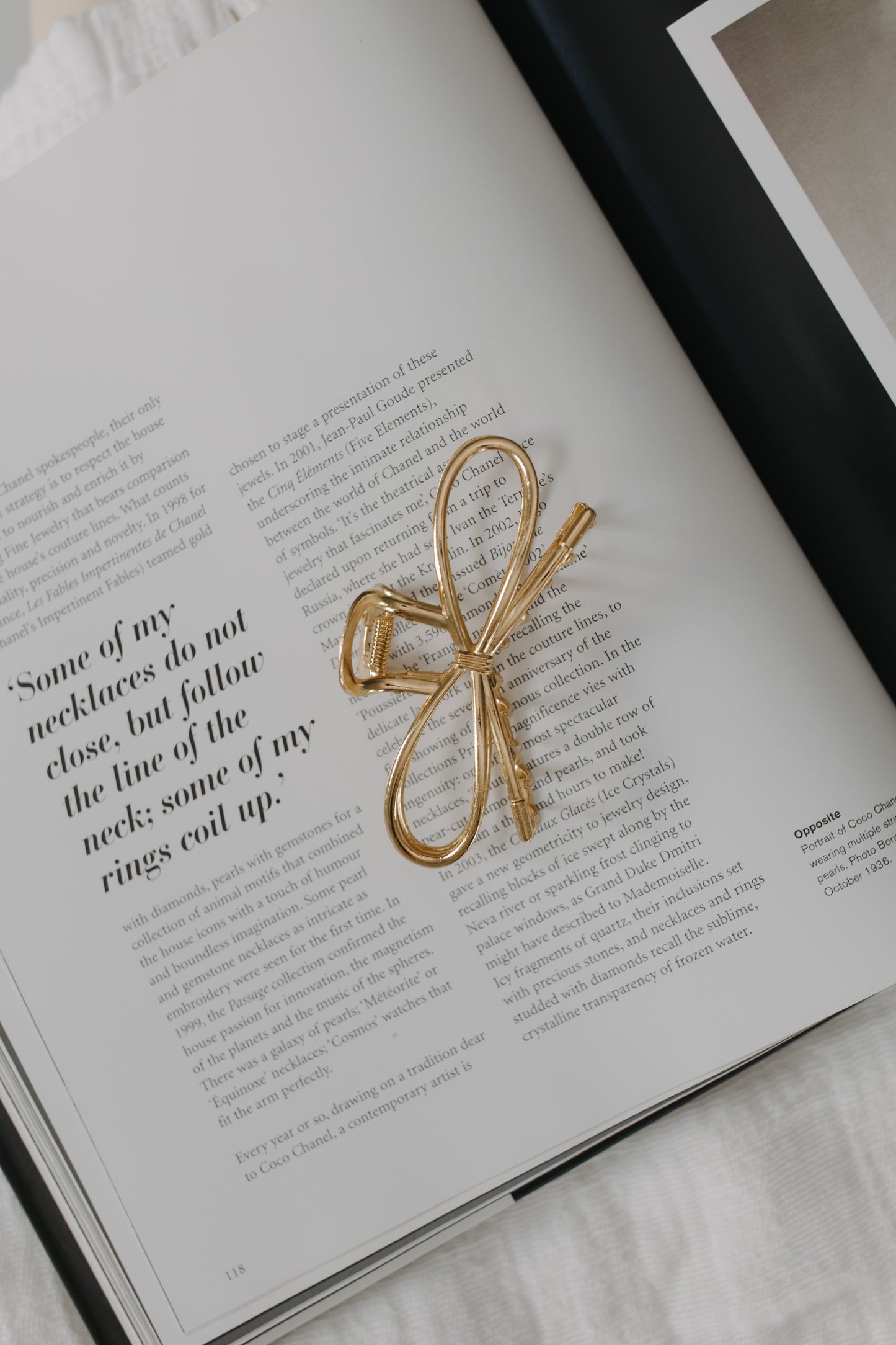 Gold bow-shaped brooch on an open book with text.