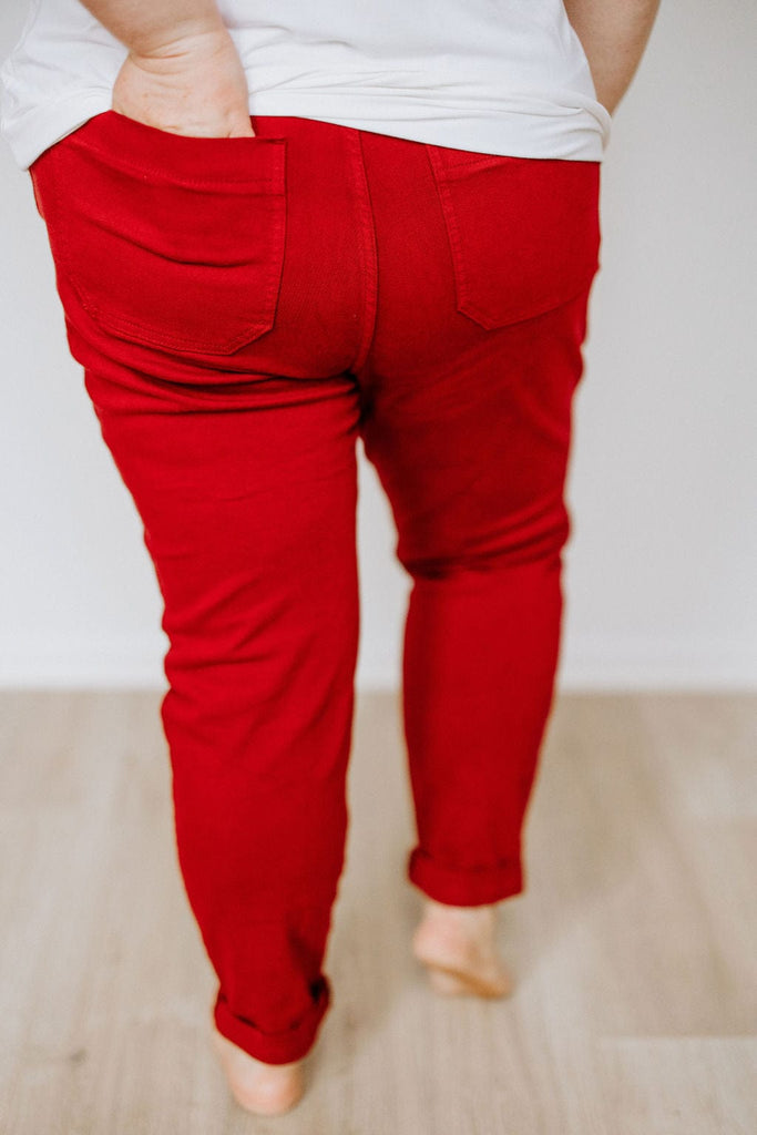 HIGH WAIST DOUBLE ROLLED CUFFED JOGGER JEANS IN SCARLET Love Marlow