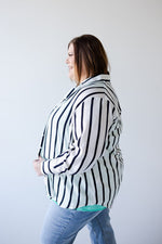 SATINY BUTTON-UP BLOUSE IN SILKY WHITE AND NAVY STRIPE