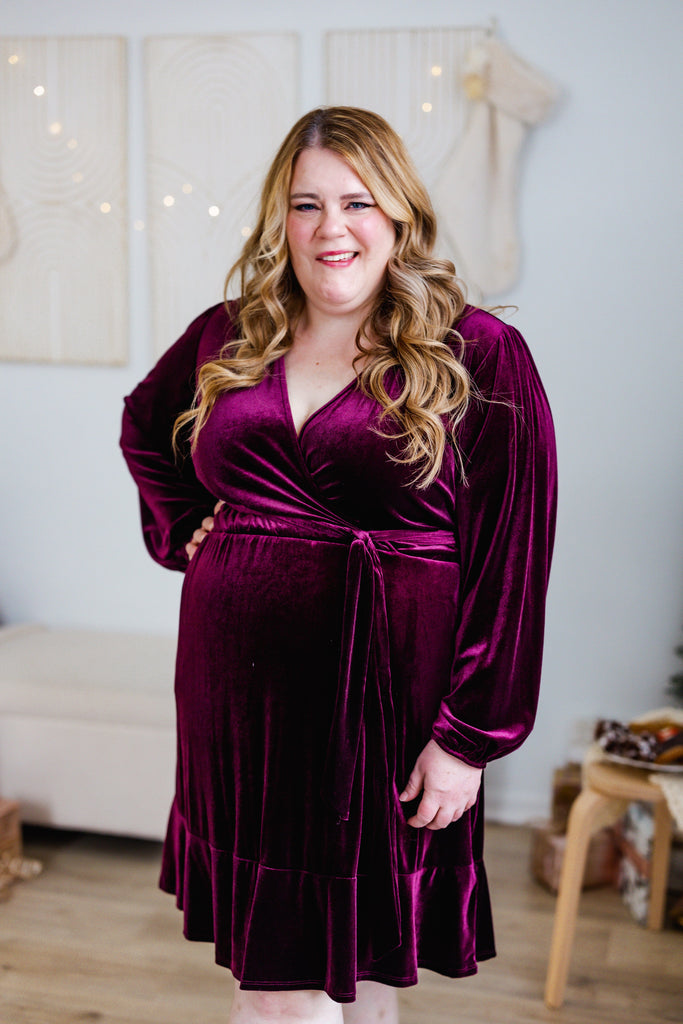 purple velvet wrap dress