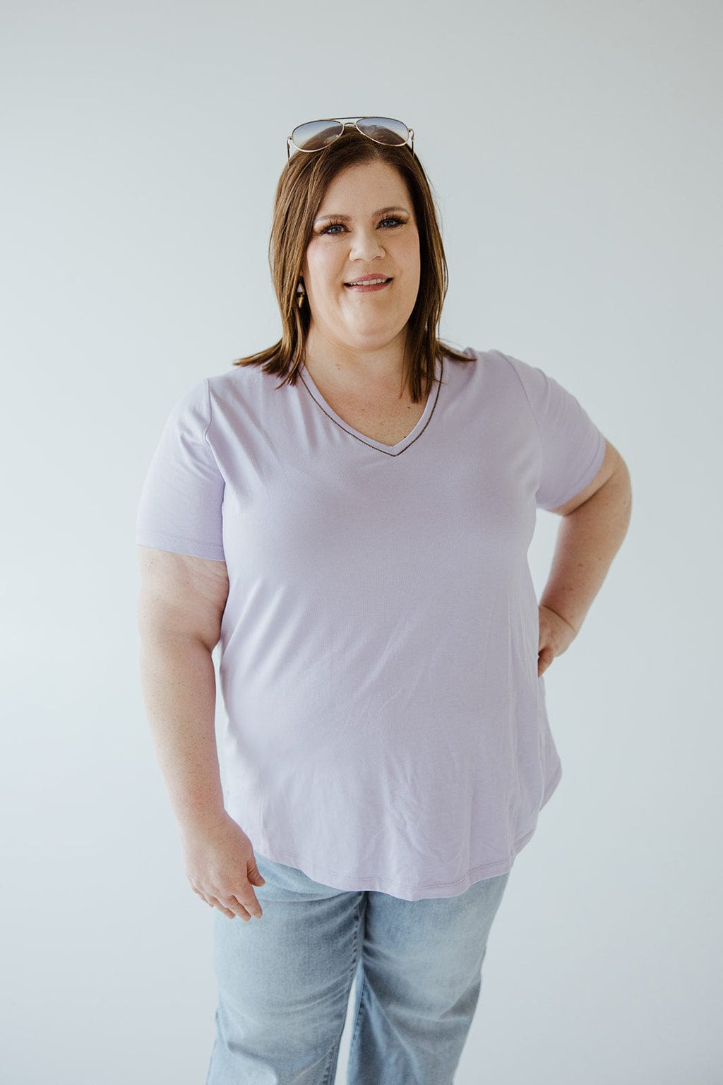 BASIC V-NECK TEE WITH SPARKLE IN FRESH LILAC – Love Marlow