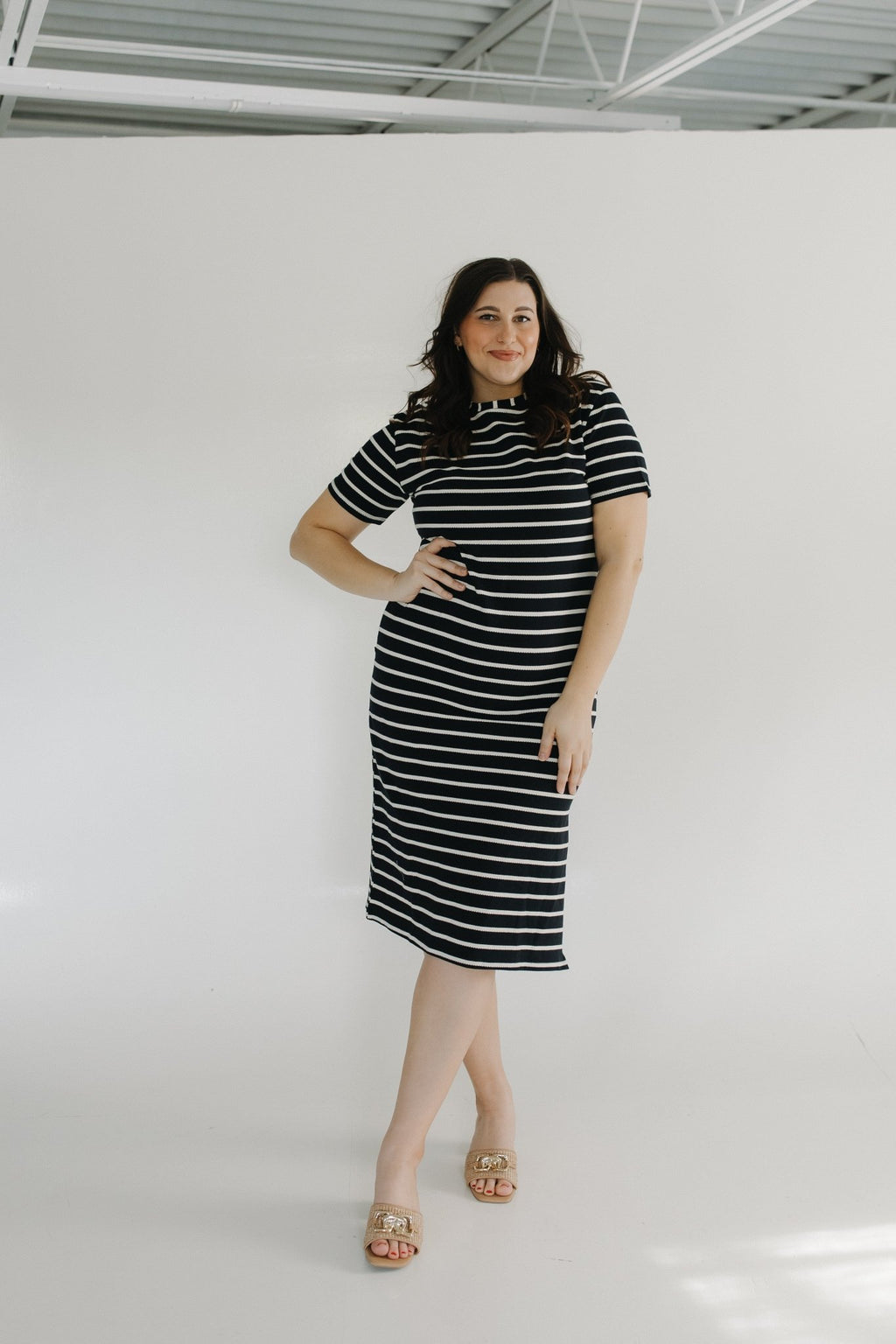 Striped Midi T-Shirt Dress Black Cream