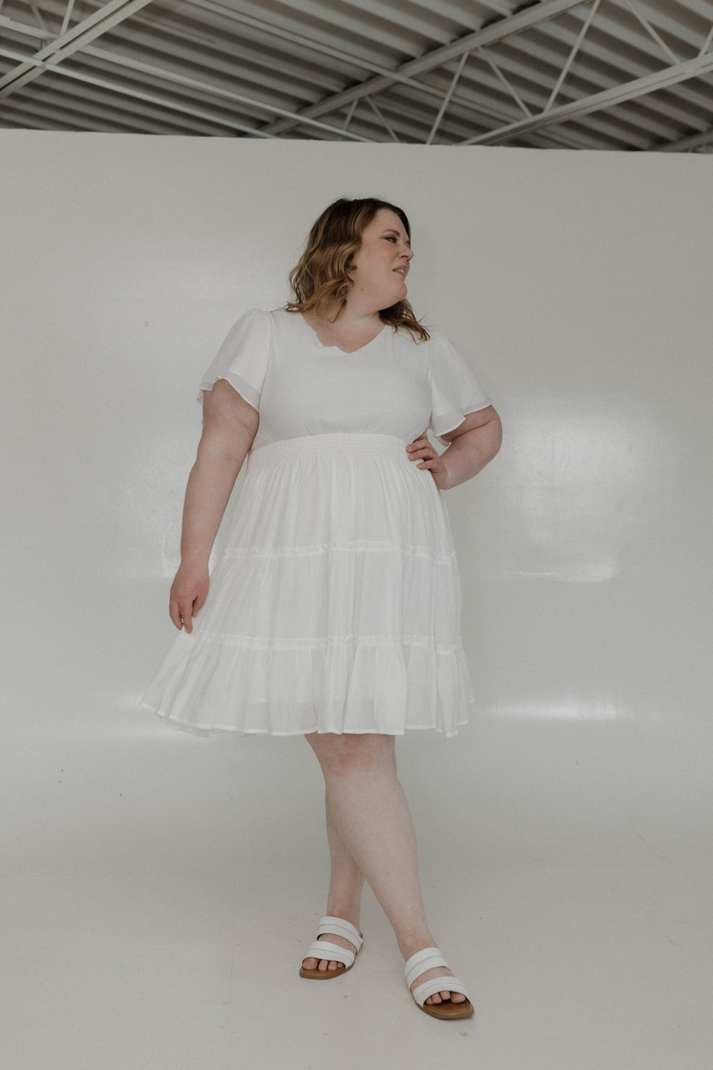 white christmas dresses Buy Beige Cotton Flutter Sleeve Tie-Back Tiered Midi Dress Online at  SeamsFriendly main image 0