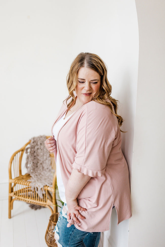 TEXTURED SOLID KIMONO WITH RUFFLE SLEEVE DETAIL IN BLUSH PINK