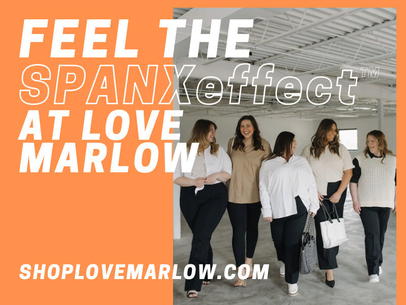 Confident woman wearing SPANX shapewear from Love Marlow, smiling and posing against a stylish backdrop.