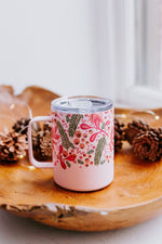 14oz HOLIDAY INSULATED MUG IN HOLLY JOLLY PINK SPRIG