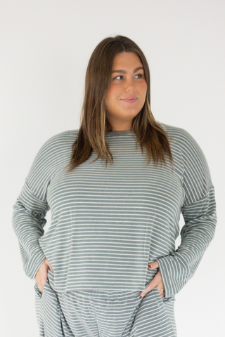 Striped Crew Neck Dolman Sleeve Top – Olive | Cream