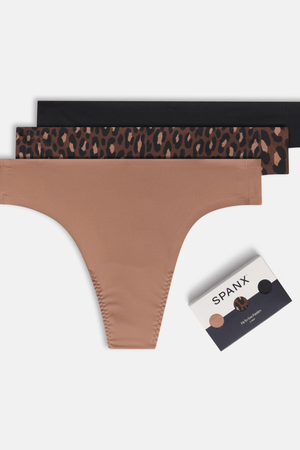 Spanx® Fit-To-You Thong 3-Pack Box in Cafe Au Lait, Iconic Leopard, Very Black