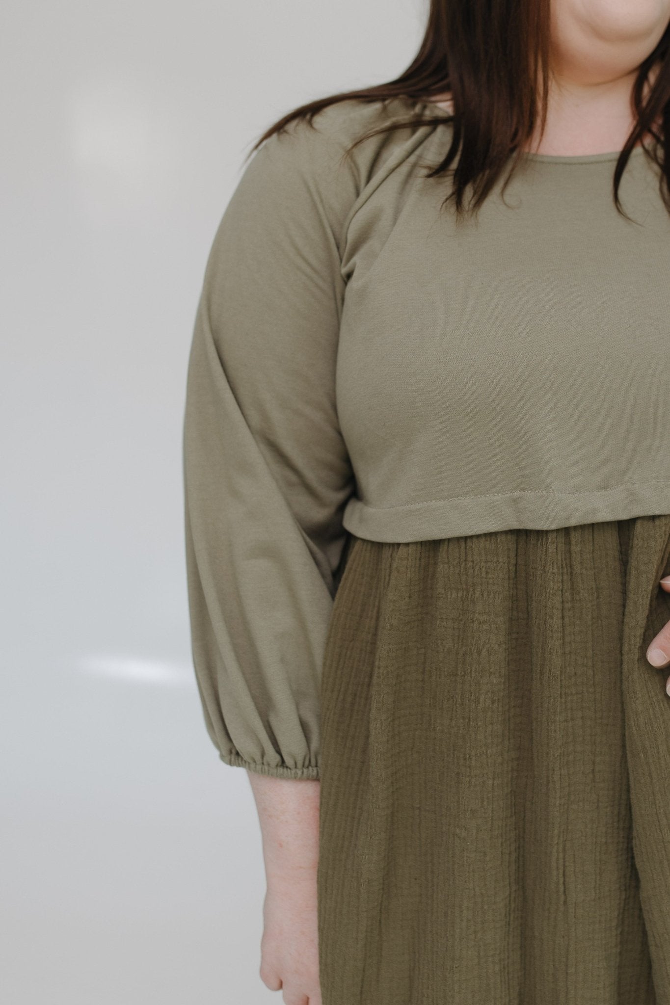 3/4 SLEEVE KNIT AND COTTON KNEE LENGTH DRESS IN SAGEWOOD - Love Marlow