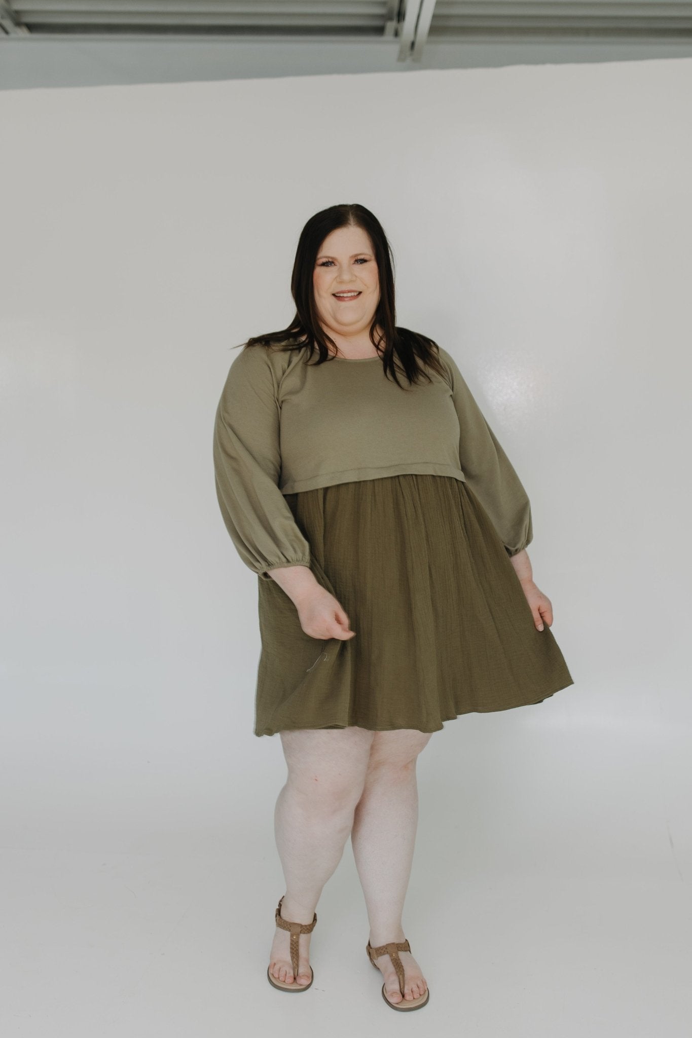 3/4 SLEEVE KNIT AND COTTON KNEE LENGTH DRESS IN Sagewood Sagewood / 2x 3/4 SLEEVE KNIT AND COTTON KNEE LENGTH DRESS IN Sagewood Sagewood / 2x