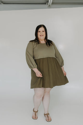 3/4 SLEEVE KNIT AND COTTON KNEE LENGTH DRESS IN SAGEWOOD - Love Marlow