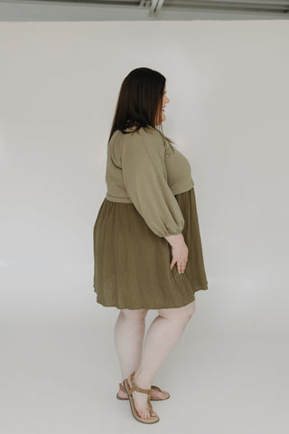 3/4 SLEEVE KNIT AND COTTON KNEE LENGTH DRESS IN SAGEWOOD - Love Marlow