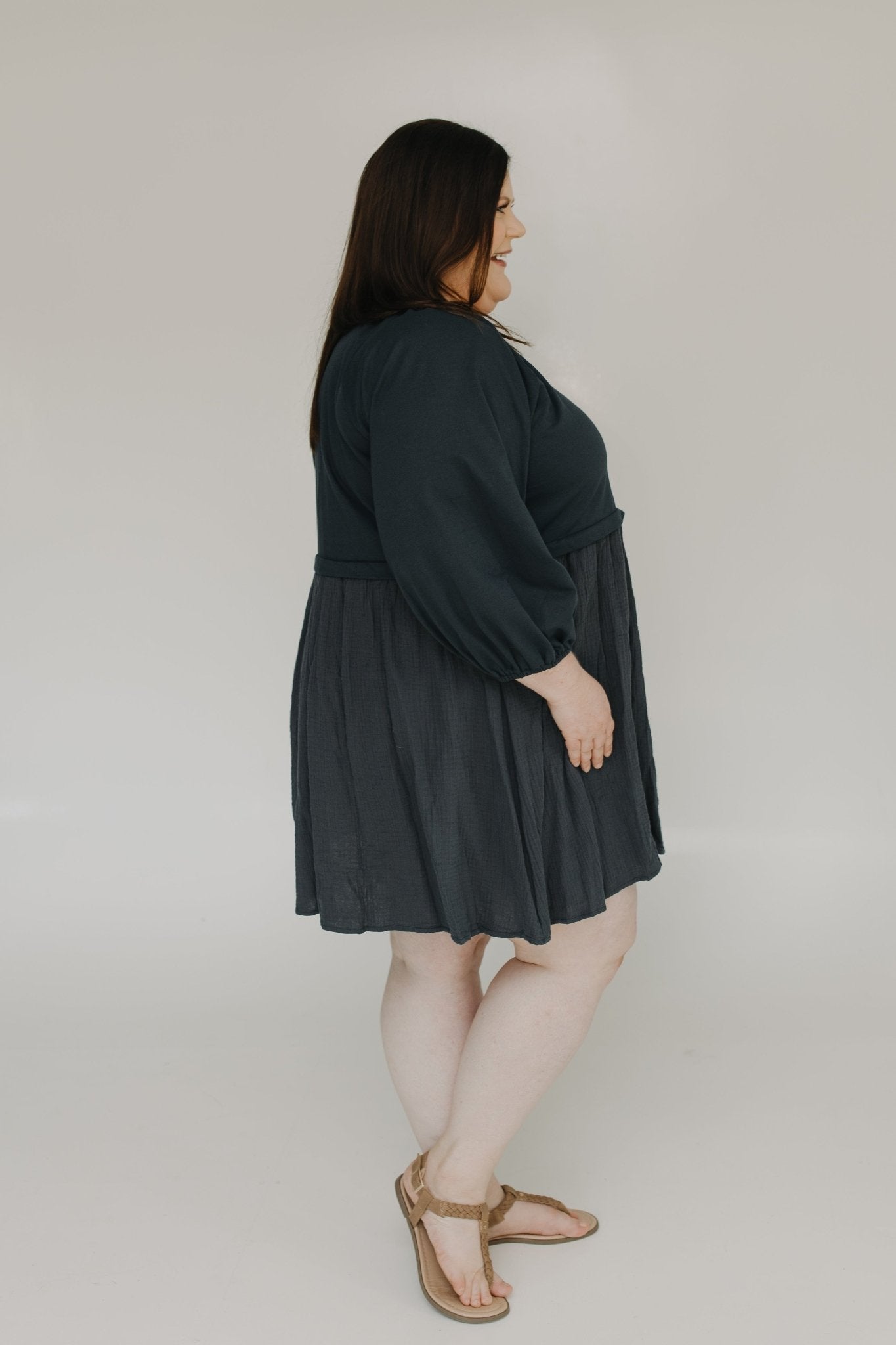 3/4 SLEEVE KNIT AND COTTON KNEE LENGTH DRESS IN SUMMER NIGHT SKY - Love Marlow