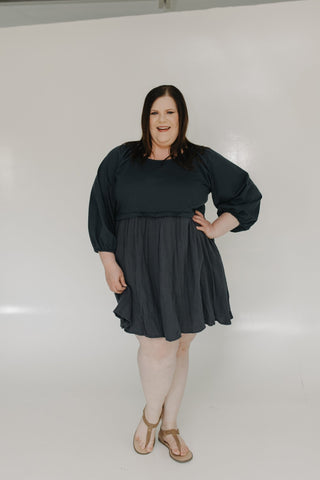 3/4 SLEEVE KNIT AND COTTON KNEE LENGTH DRESS IN SUMMER NIGHT SKY - Love Marlow