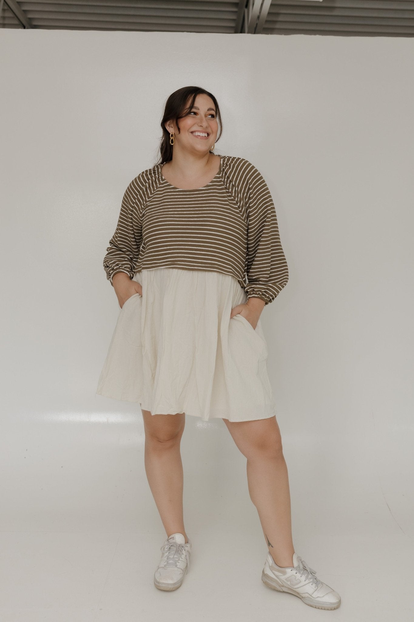 3/4 SLEEVE STRIPED AND SOLID KNEE LENGTH DRESS - Love Marlow