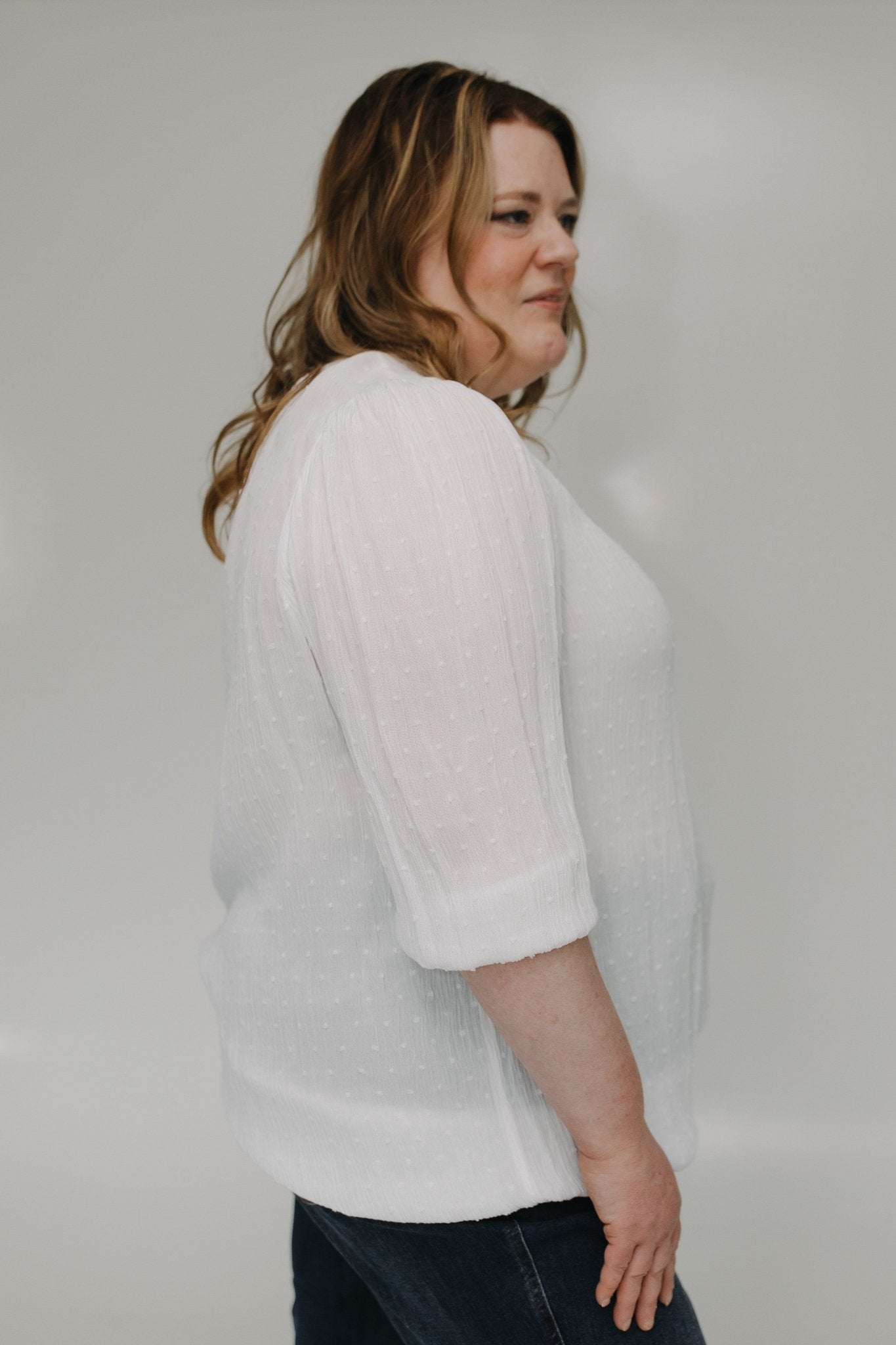 3/4 SLEEVE SWISS DOT BLOUSE WITH BANDED HEM - Love Marlow