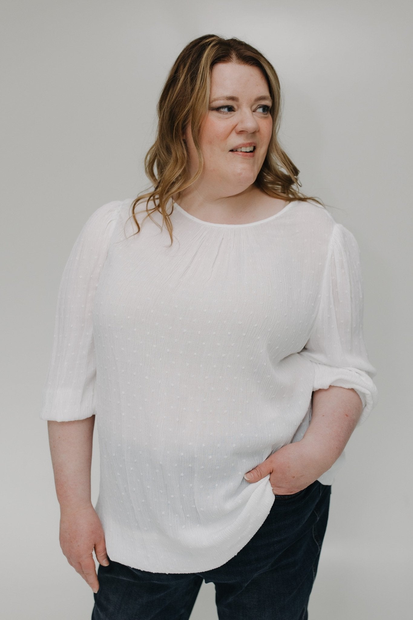 3/4 SLEEVE SWISS DOT BLOUSE WITH BANDED HEM - Love Marlow