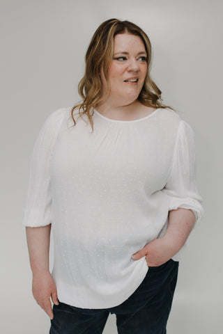 3/4 SLEEVE SWISS DOT BLOUSE WITH BANDED HEM - Love Marlow