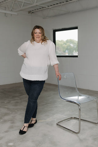 3/4 SLEEVE SWISS DOT BLOUSE WITH BANDED HEM - Love Marlow