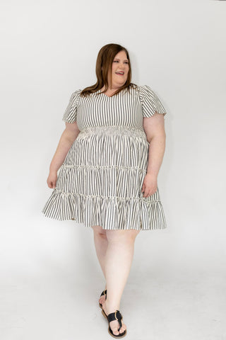 Charcoal Stripe Smocked Waist Tiered Flutter Dress