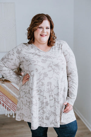 
            
                Load image into Gallery viewer, ABSTRACT DOT FLORAL PATTERN LONG TUNIC WITH V-NECK IN LIGHT GREY
            
        