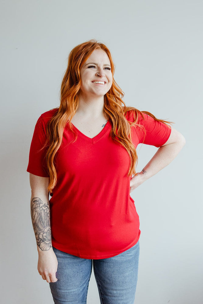
            
                Load image into Gallery viewer, BASIC V-NECK TEE IN DEEP RED
            
        
