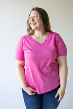 BASIC V-NECK TEE WITH SPARKLE IN FRESH FUCHSIA