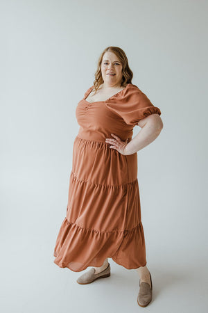 BUBBLE SLEEVE KNEE LENGTH DRESS IN BAKED CLAY