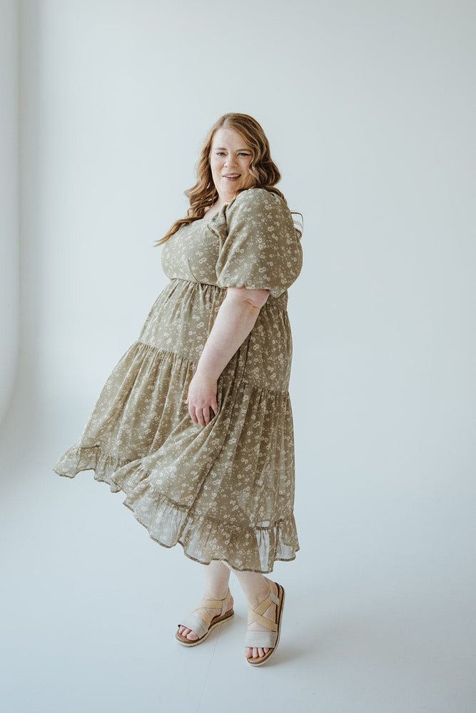 BUBBLE SLEEVE MIDI LENGTH FLORAL DRESS IN MATCHA