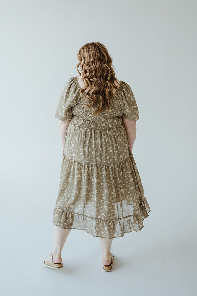 BUBBLE SLEEVE MIDI LENGTH FLORAL DRESS IN MATCHA