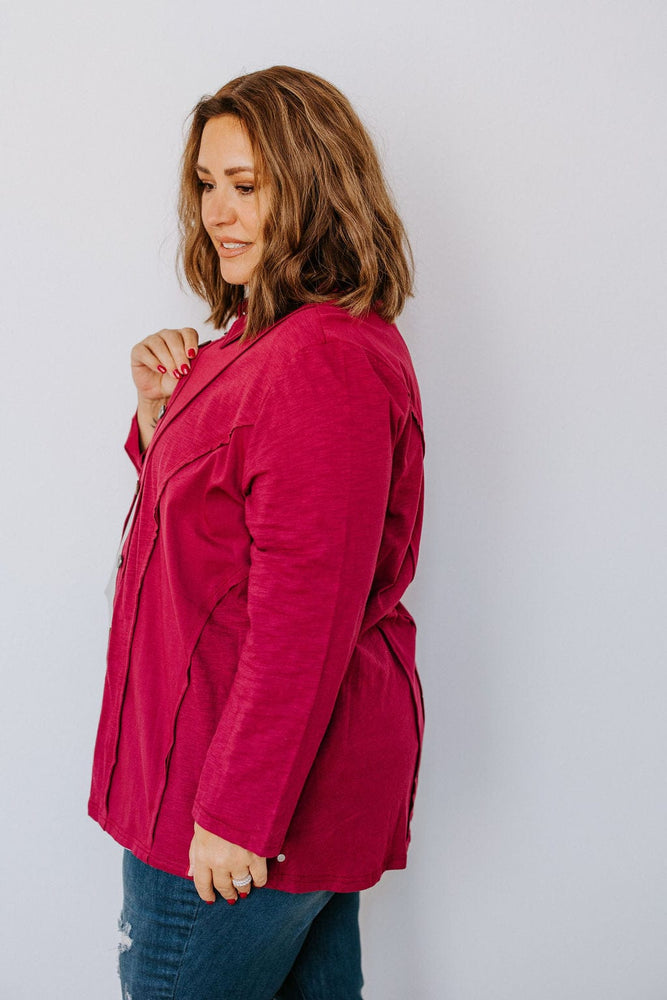 BUTTON-UP BLOUSE WITH RAW SEAM DETAILS IN CRANBERRY