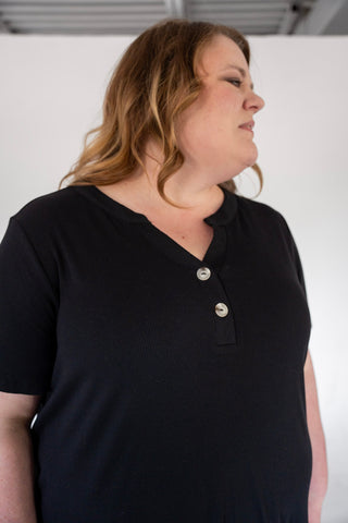 Black Double Button Ribbed V-Neck Boyfriend Tee