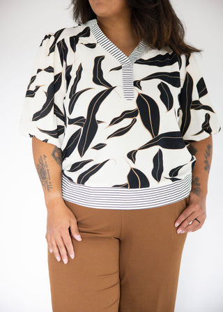 Bubble Sleeve Bold Leaf Print Woven Top – Off-White | Black