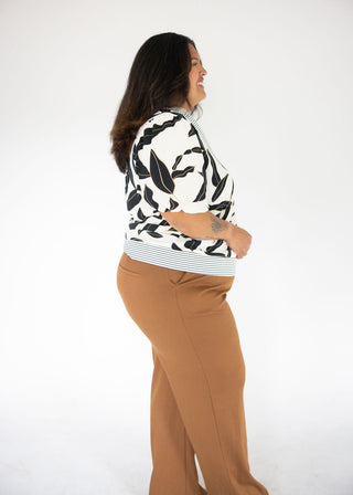 Bubble Sleeve Bold Leaf Print Woven Top – Off-White | Black