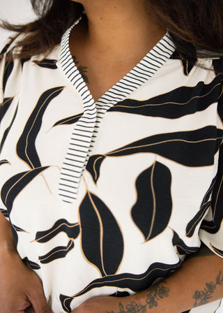 Bubble Sleeve Bold Leaf Print Woven Top – Off-White | Black
