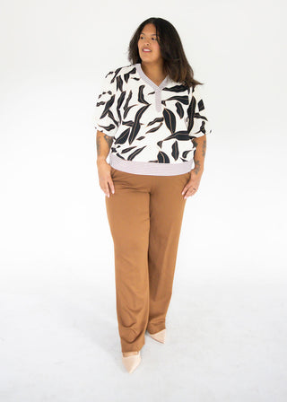 Bubble Sleeve Bold Leaf Print Woven Top – Off-White | Black