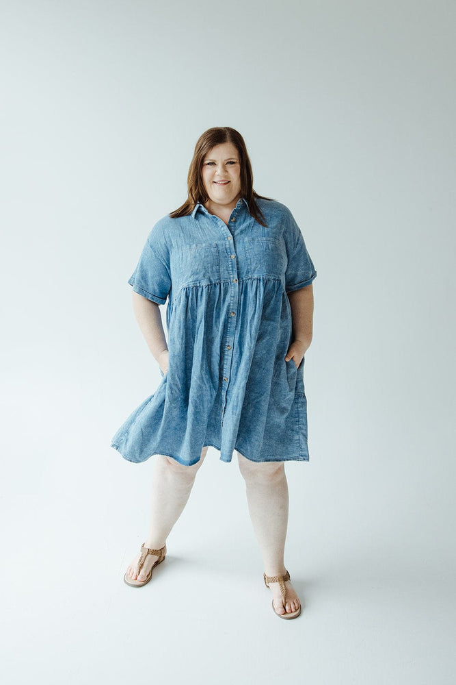 CHAMBRAY BUTTON FRONT KNEE LENGTH DRESS