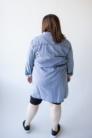 CHAMBRAY SHIRTDRESS WITH DRAWSTRING WAIST