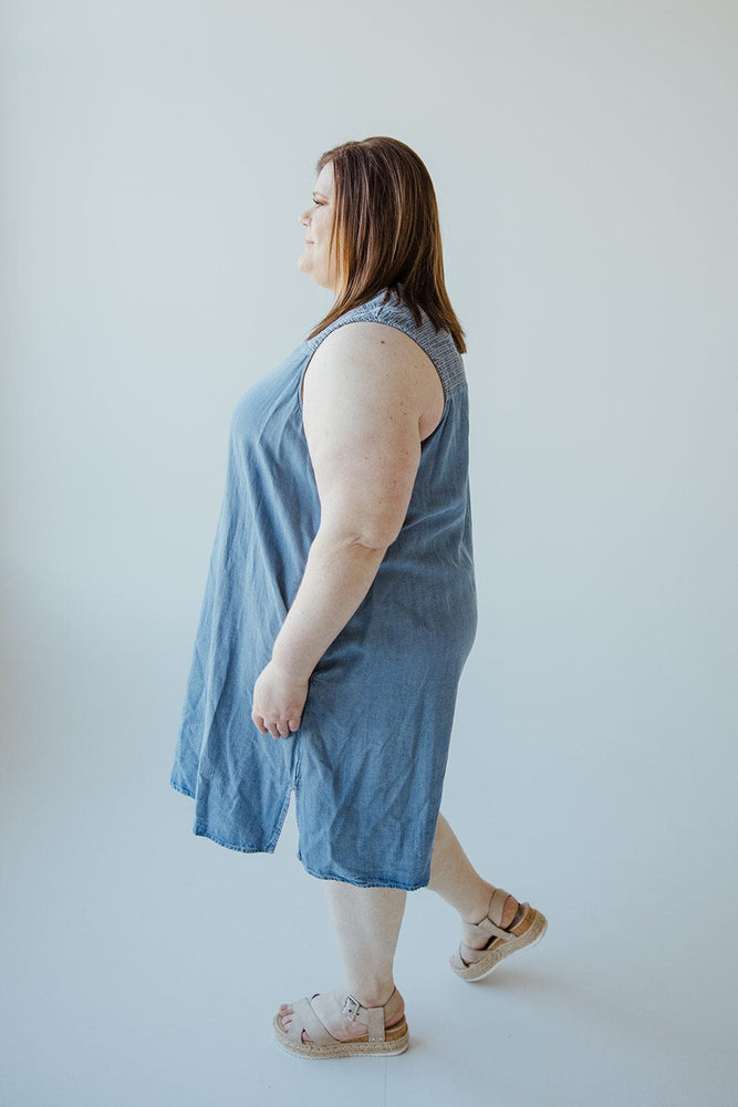 CHAMBRAY TANK DRESS WITH SMOCKED SHOULDERS