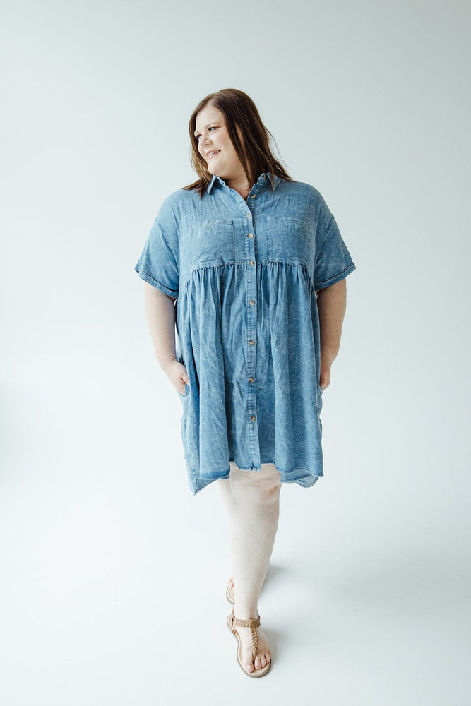 CHAMBRAY BUTTON FRONT KNEE LENGTH DRESS