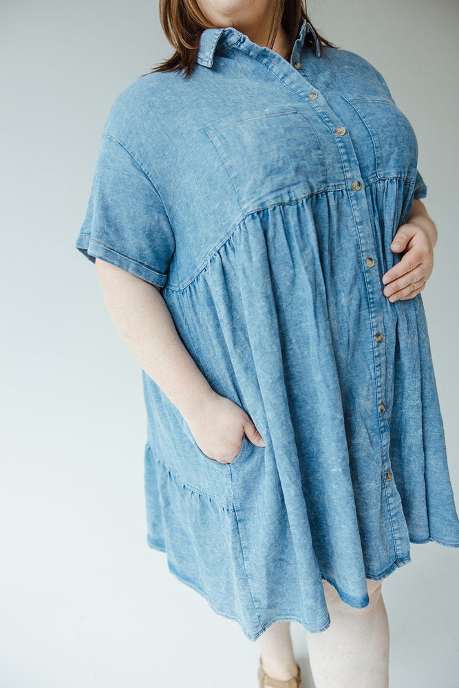 CHAMBRAY BUTTON FRONT KNEE LENGTH DRESS