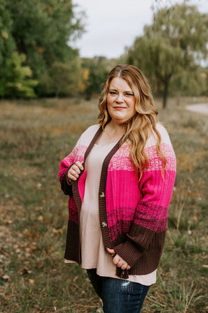 
            
                Load image into Gallery viewer, CLASSIC CARDIGAN WITH COLOR FADE IN PINK
            
        