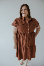 CORDUROY BUTTON FRONT KNEE LENGTH DRESS IN RUSTED TERRACOTTA