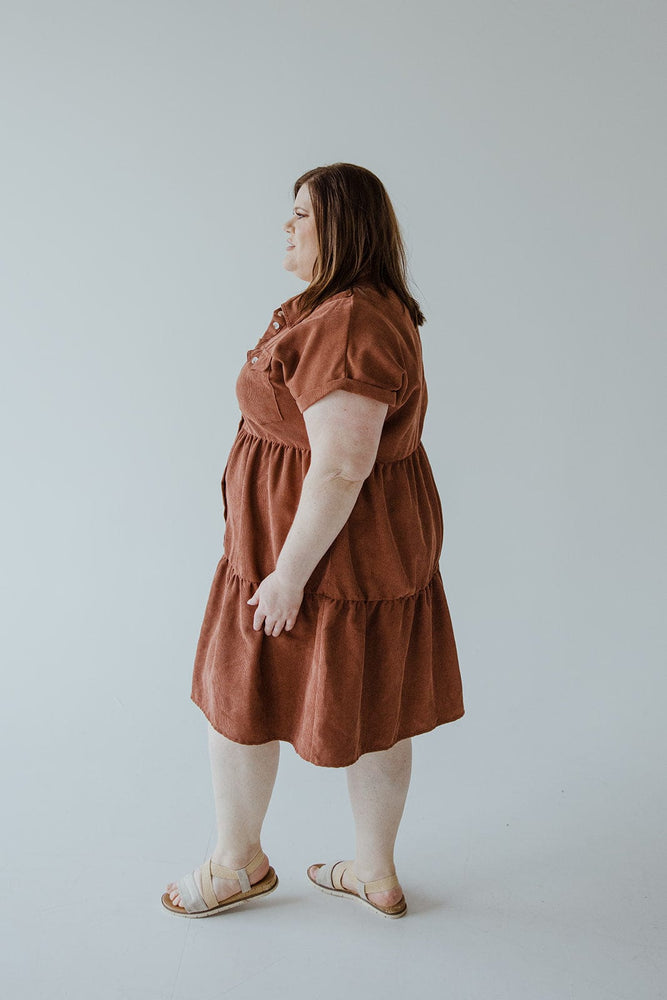 CORDUROY BUTTON FRONT KNEE LENGTH DRESS IN RUSTED TERRACOTTA