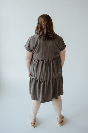 CORDUROY BUTTON FRONT KNEE LENGTH DRESS IN SMOKY OLIVE