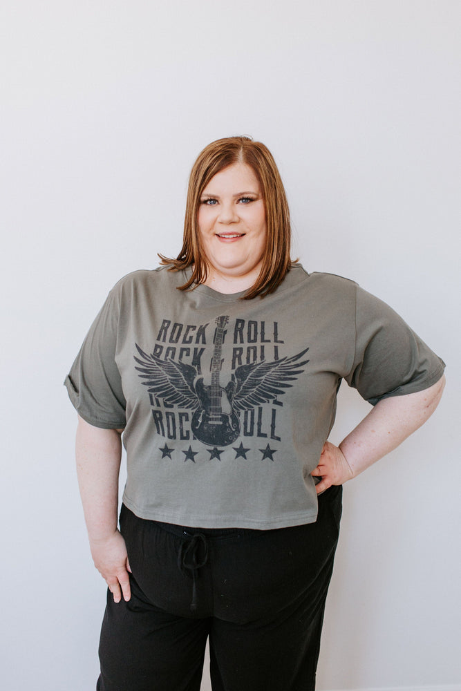 
            
                Load image into Gallery viewer, &amp;quot;ROCK AND ROLL&amp;quot; CROPPED GRAPHIC TEE IN OLIVE
            
        