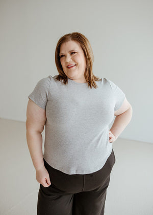 
            
                Load image into Gallery viewer, CROPPED SHORT SLEEVE RIBBED TEE IN HEATHER GREY
            
        