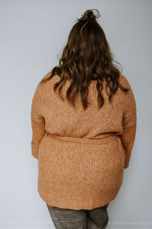 CUFFED AND BELTED CARDIGAN IN DUSTY TERRACOTTA