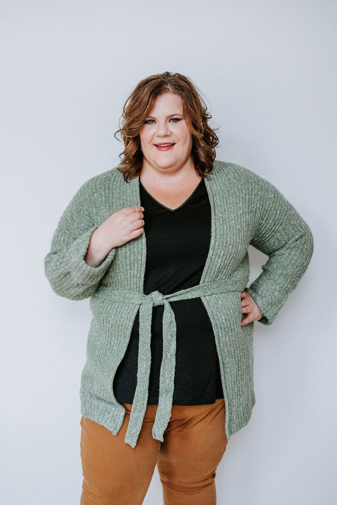 CUFFED AND BELTED CARDIGAN IN FROSTED MOSS