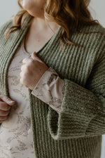 CUFFED AND BELTED CARDIGAN IN FROSTED MOSS